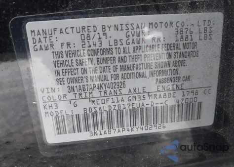 2019 Nissan Sentra Sv z USA, uszkodzony, nr VIN 3N1AB7AP4KY402926